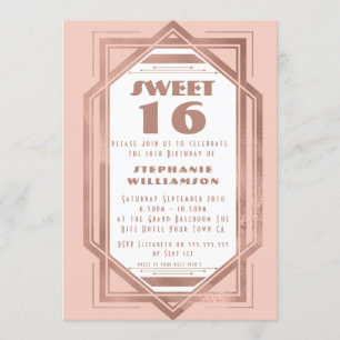 Art Deco Sweet 16 Roos Gold en Blush Pink Gatsby Kaart