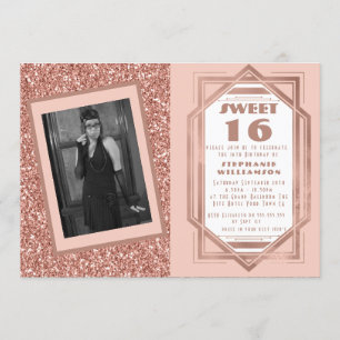 Art Deco Sweet 16 Roze Goud Glitter Gatsby Foto Kaart