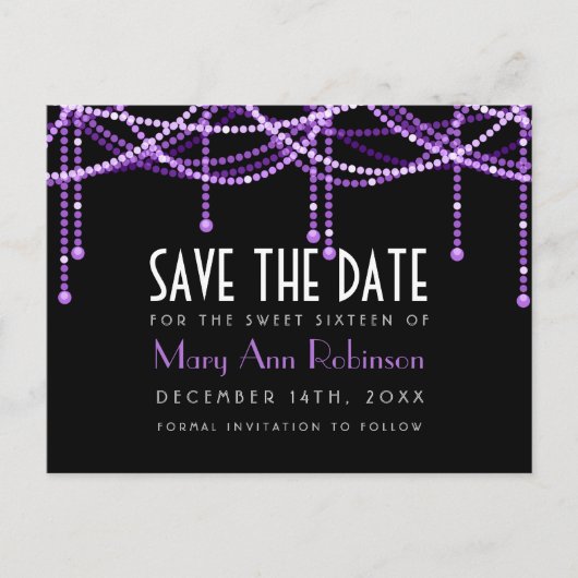 Art Deco Sweet 16 Save the Date String Licht Paars Aankondigingskaart (Voorkant)