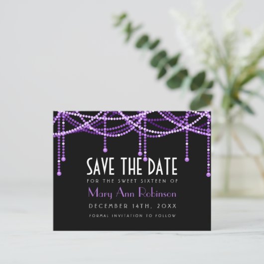 Art Deco Sweet 16 Save the Date String Licht Paars Aankondigingskaart (Staand voorkant)