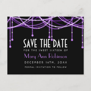 Art Deco Sweet 16 Save the Date String Light Purpl Aankondigingskaart