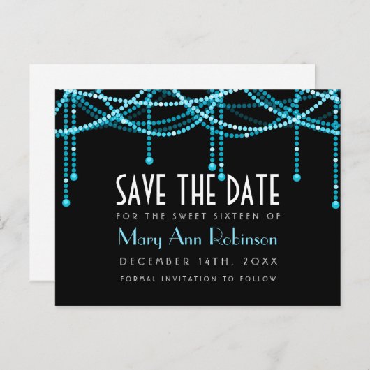 Art Deco Sweet 16 Save the Date String Light Turqu Aankondigingskaart (Voorkant / Achterkant)