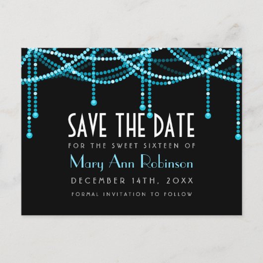 Art Deco Sweet 16 Save the Date String Light Turqu Aankondigingskaart (Voorkant)