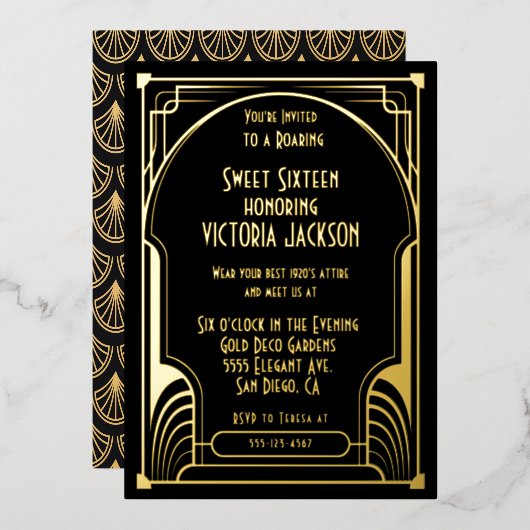 Art Deco Sweet Sixteen Birthday Party Gold en Blac Folie Uitnodiging (Voorkant / Achterkant)