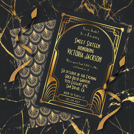 Art Deco Sweet Sixteen Birthday Party Gold en Blac Kaart