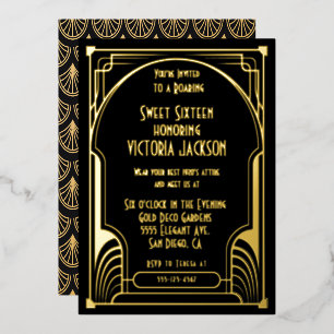 Art Deco Sweet Sixteen Verjaardagsfeest Goud & Zwa Folie Uitnodiging