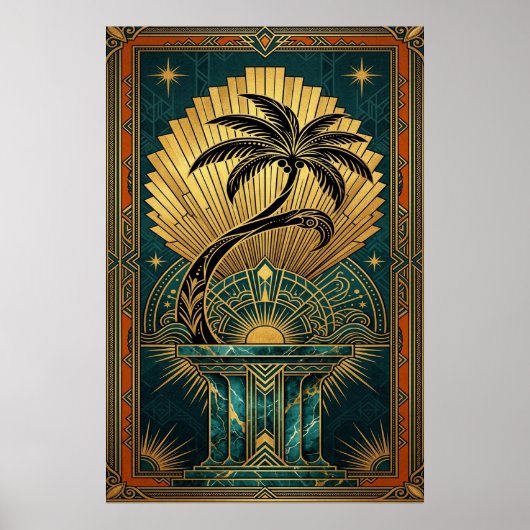 Art Deco Symmetrical Tree of Life Gold Teal Poster (Voorkant)
