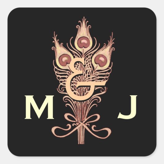 Art Deco Tan Peacock Feathers Monogram Weddenschap Vierkante Sticker (Voorkant)