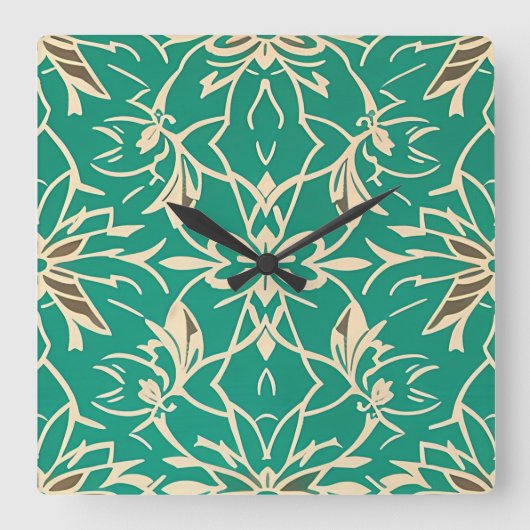 Art Deco Teal Bloemenkunst Wandklok (Voorkant)