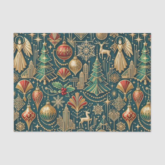 Art Deco Teal Gold Christmas Ornament Illustration Tissuepapier (Voorkant)