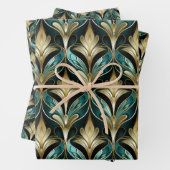 Art Deco Teal & Gold Fan Pattern Wrapping Paper (In situ)