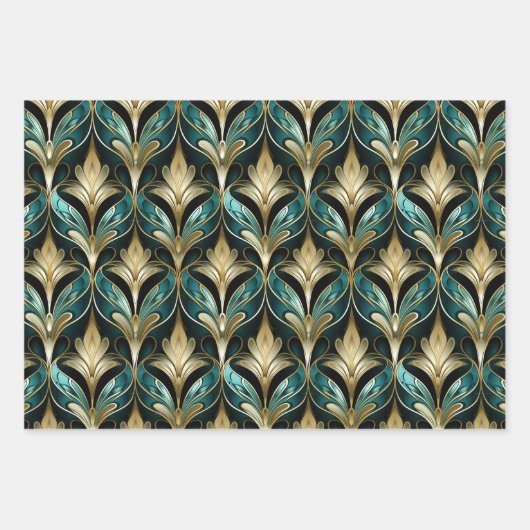 Art Deco Teal & Gold Fan Pattern Wrapping Paper (Voorkant)
