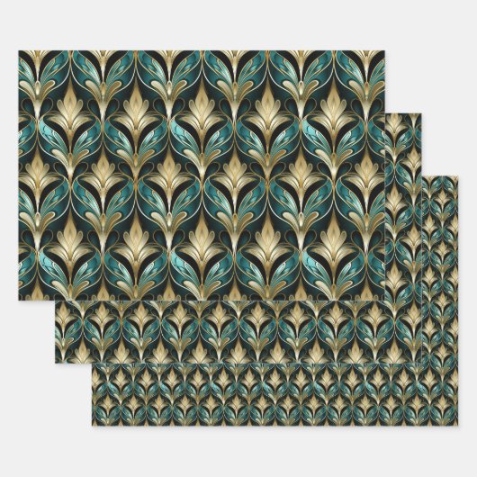 Art Deco Teal & Gold Fan Pattern Wrapping Paper (Set)