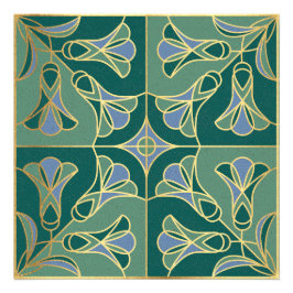 Art Deco Tegel Floral. Groen, blauw en goud Foto Afdruk