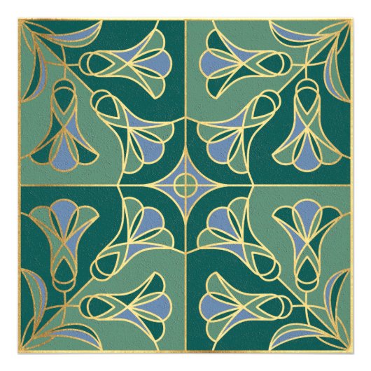Art Deco Tegel Floral. Groen, blauw en goud Foto Afdruk (Voorkant)