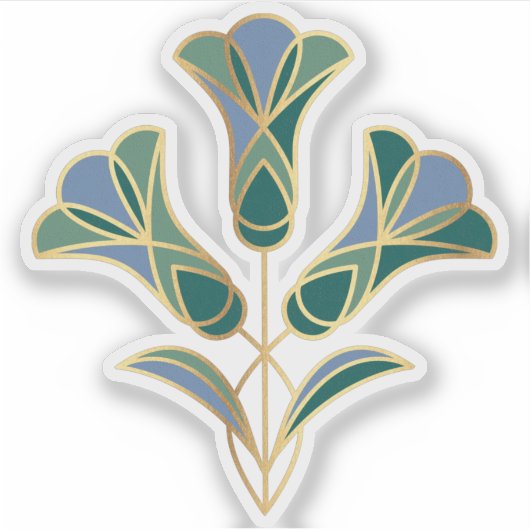 Art Deco Tegel Floral. Groen, blauw en goud Sticker (Voorkant)