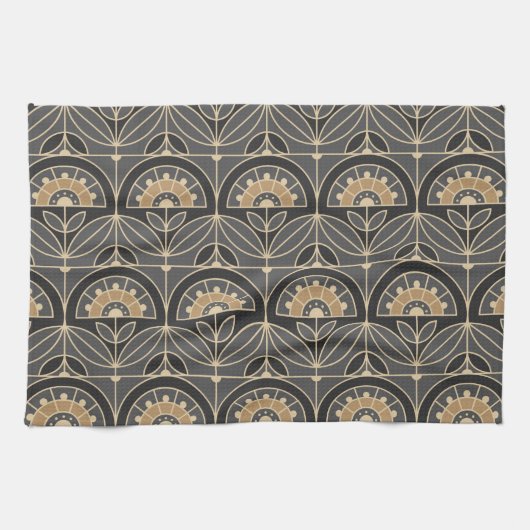 Art Deco Tile Floral (grijs en zand) Theedoek (Horizontaal)