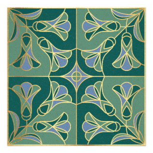 Art Deco Tile Floral. Groen, blauw en goud Foto Afdruk