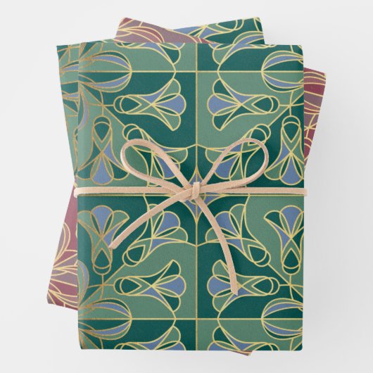 Art Deco Tile Floral. Groen, blauw en goud Inpakpapier Vel (In situ)