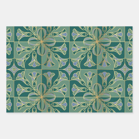 Art Deco Tile Floral. Groen, blauw en goud Inpakpapier Vel (Voorkant)