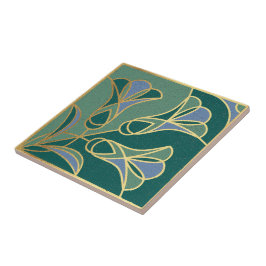 Art Deco Tile Floral. Groen, blauw en goud Tegeltje