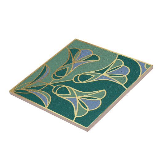 Art Deco Tile Floral. Groen, blauw en goud Tegeltje (Zijkant)