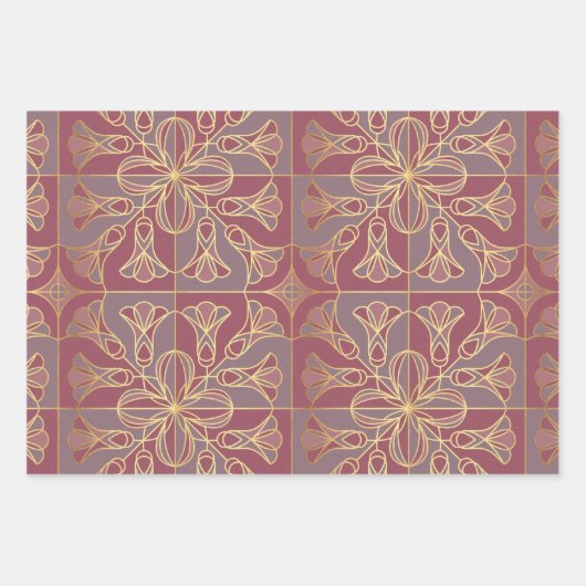 Art Deco Tile Floral. Mauve en Gold Inpakpapier Vel (Voorkant 2)