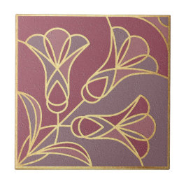 Art Deco Tile Floral. Mauve en Gold Tegeltje