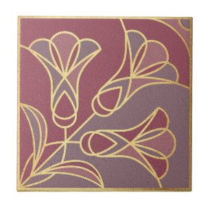 Art Deco Tile Floral. Mauve en Gold Tegeltje