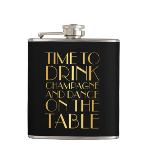 Art Deco Time to Drink Champagne Gold Flask Heupfles