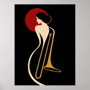 Art Deco Trombone Dame – Minimalistische Jazz Muzi Poster
