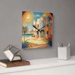 Art Deco Tropical Beach Architecture Retro  Vierkante Klok<br><div class="desc">Maak kennis met de perfecte aanvulling op uw stranddeken - onze verbluffende kunstmuurklok in deco-stijl. Deze prachtige klok heeft een uniek ontwerp van tropische palmbomen en architectuur in een kunstdecostijl, die een aanraking van charme naar elke ruimte brengt. Hang deze prachtige klok in je woonkamer, slaapkamer of kantoor om je...</div>