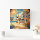 Art Deco Tropical Beach Architecture Retro  Vierkante Klok (Huis)