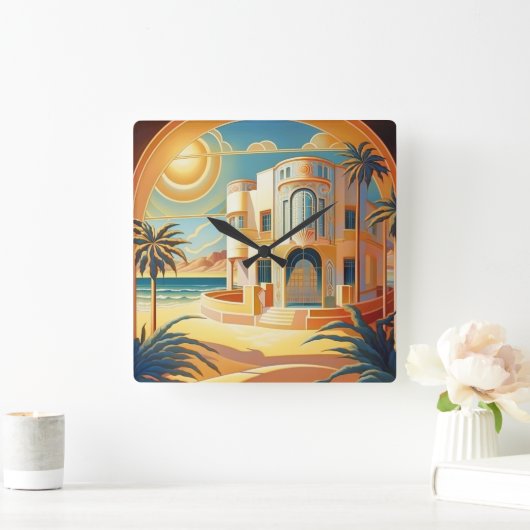 Art Deco Tropical Beach Architecture Retro  Vierkante Klok (Huis)