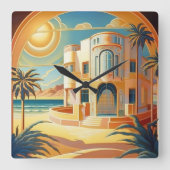 Art Deco Tropical Beach Architecture Retro  Vierkante Klok (Voorkant)