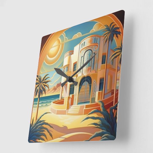 Art Deco Tropical Beach Architecture Retro  Vierkante Klok (Hoek)