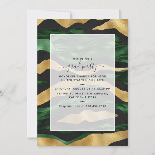 Art Deco Tropical Green en Gold Tiger Afstuderen Kaart (Voorkant)