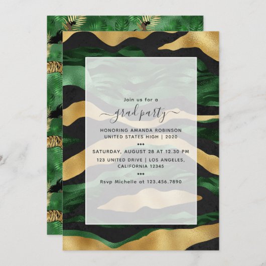 Art Deco Tropical Green en Gold Tiger Afstuderen Kaart (Voorkant / Achterkant)