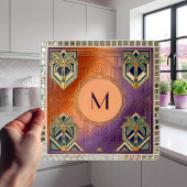 Art Deco Tropical Orange Palm Tree Monogram Tegeltje