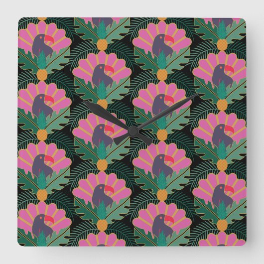 Art Deco Tropical Toucans & Ananas Vierkante Klok (Voorkant)
