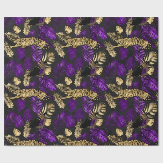 Art Deco Tropisch Paars en Gold Tiger Cadeaupapier (Vlak)