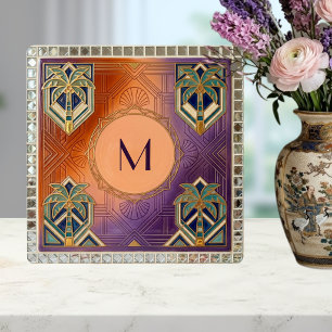 Art Deco Tropische Oranje Palmboom Monogram Tegeltje