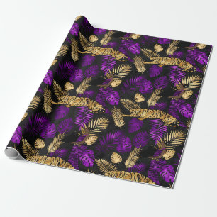Art Deco Tropische Paarse en Gouden Tijger Cadeaupapier