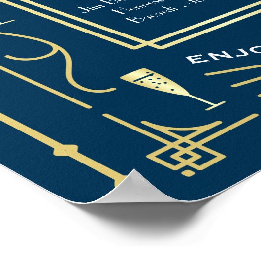 Art Deco Trouw Goud Blauw Open Bar Feest Menu Poster (Hoek)