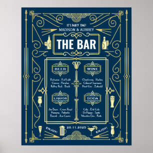 Art Deco Trouw Goud Blauw Open Bar Feest Menu Poster