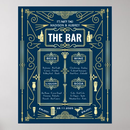Art Deco Trouw Goud Blauw Open Bar Feest Menu Poster (Voorkant)