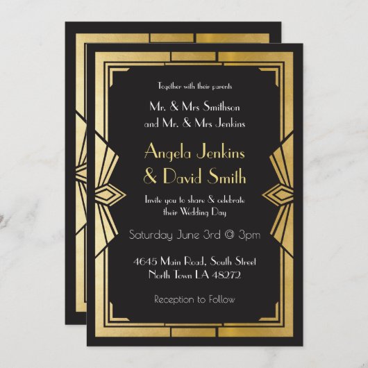 Art Deco Trouw Uitnodiging 1920's Zwart & Goud (Voorkant / Achterkant)