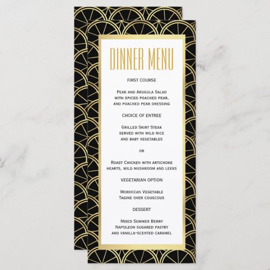 Art Deco Trouwen Zwart Wit Goud Slim Diner Menu (Voorkant / Achterkant)