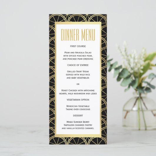 Art Deco Trouwen Zwart Wit Goud Slim Diner Menu (Staand voorkant)