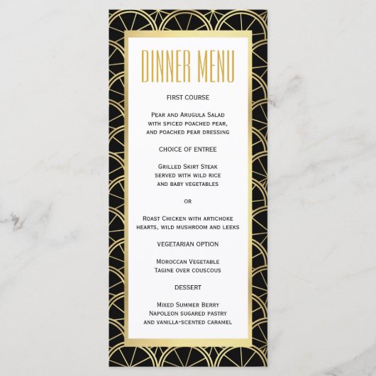 Art Deco Trouwen Zwart Wit Goud Slim Diner Menu (Voorkant)
